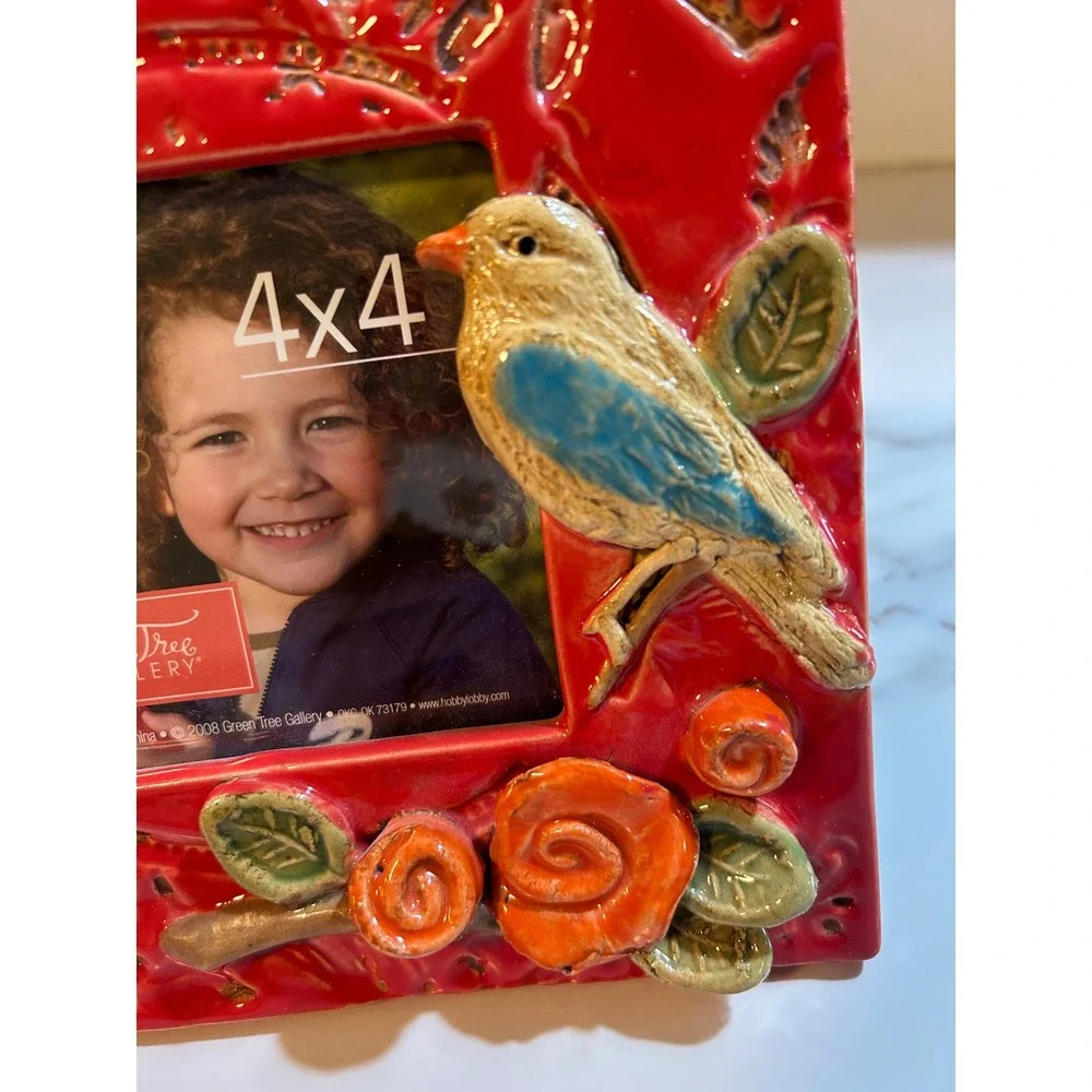 Green Tree Gallery Red Ceramic Bird Rose 4x4 Picture Frame 7.25in Square 73179